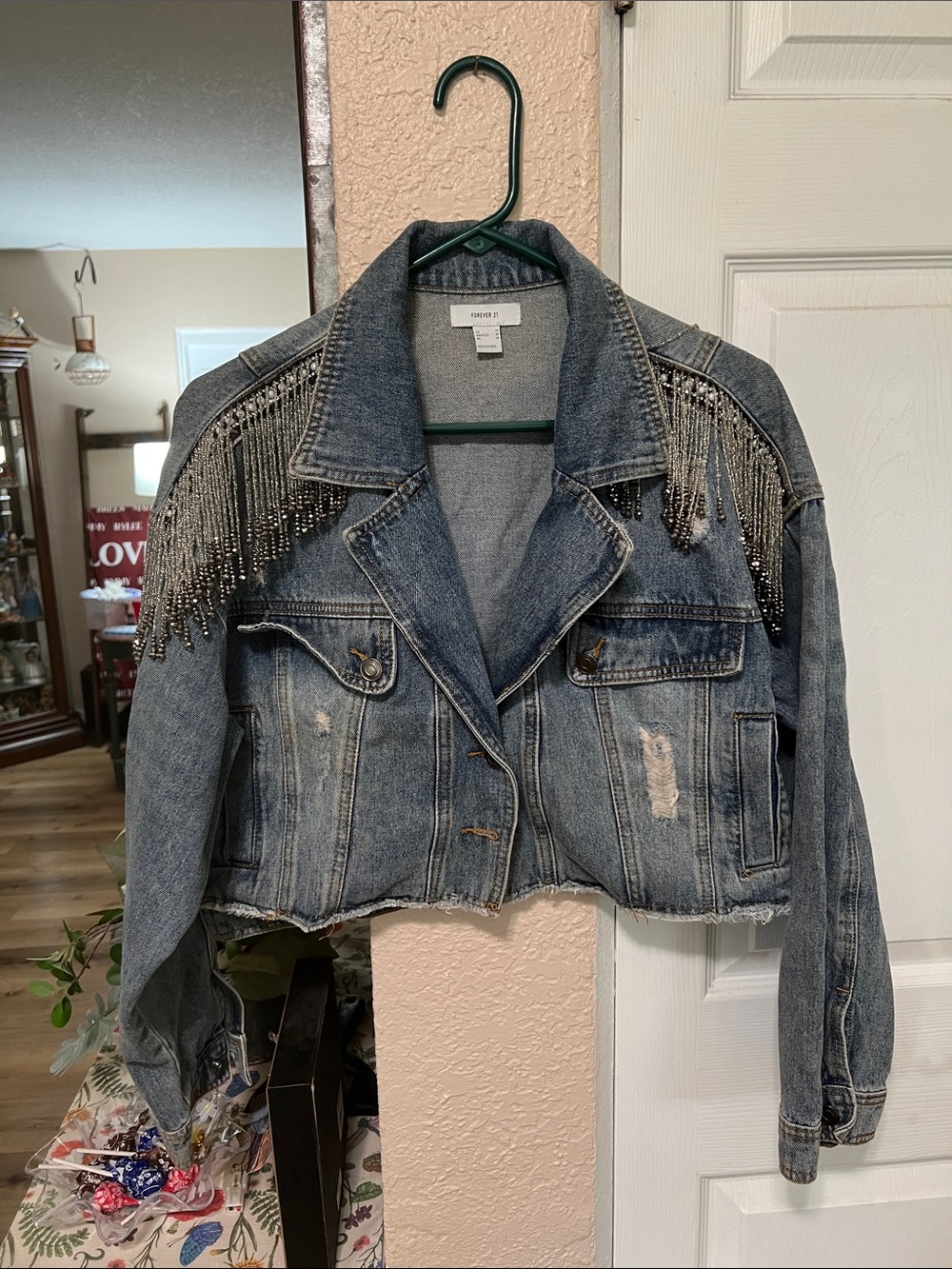 Forever 21 M Cropped Blue Denim Jacket with Silver Beaded Fringe
